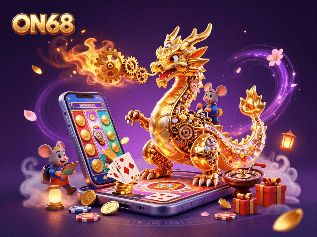 ON68 features a biomechanical dragon amidst vibrant slot game elements and surreal cherry blossoms.