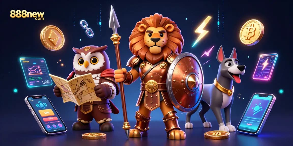 Experience the thrill of 888new com with engaging 3D gaming characters, crypto coins, and vibrant casino elements.