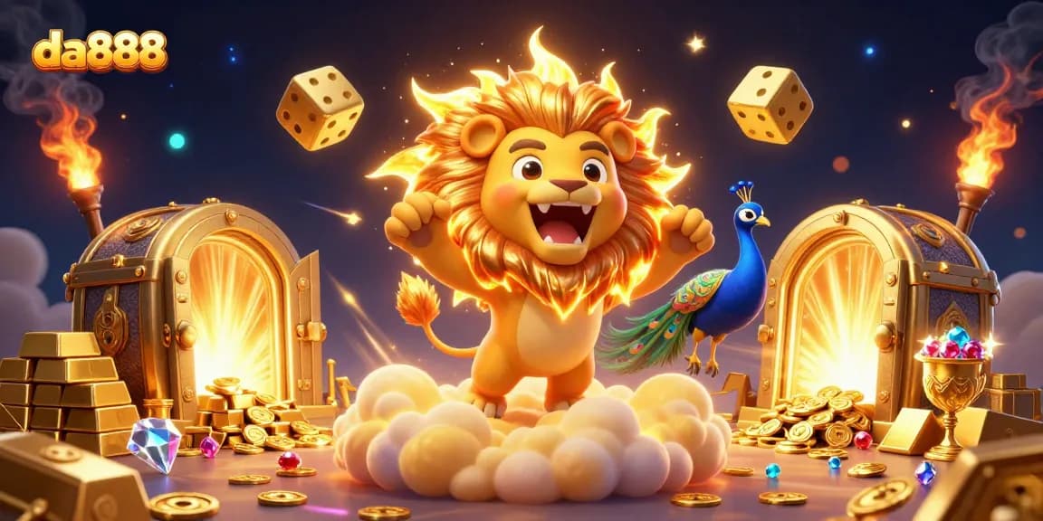 Experience da888's exciting casino atmosphere with a dynamic 3D scene featuring vibrant characters and casino elements.