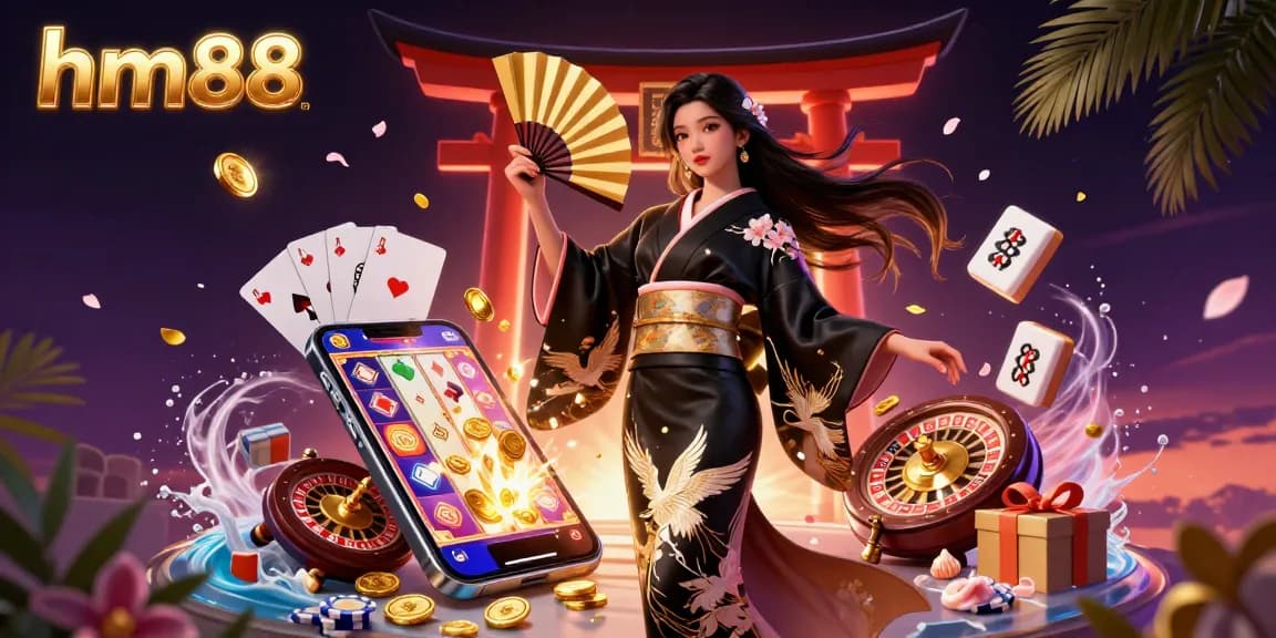 Engage in thrilling games at hm88 with an elegant Asian woman in a vibrant casino scene.