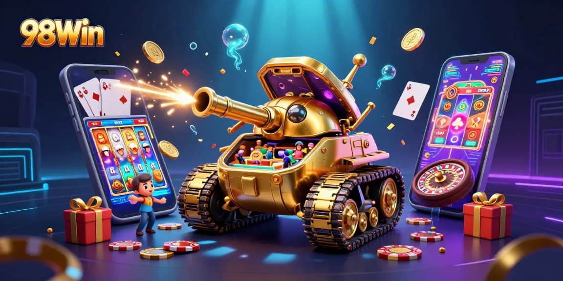 Join the excitement at 98Win featuring a dynamic illustration of a golden beetle tank casino amidst vibrant game elements.
