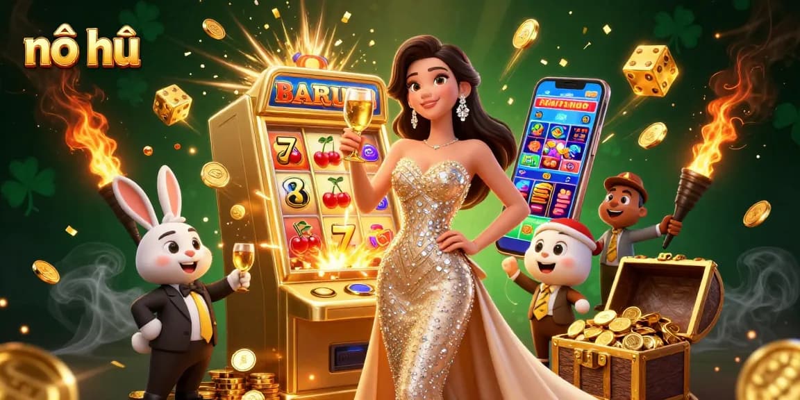 Nổ hũ winning moments captured with a glamorous woman and jackpot slot machine illustration.