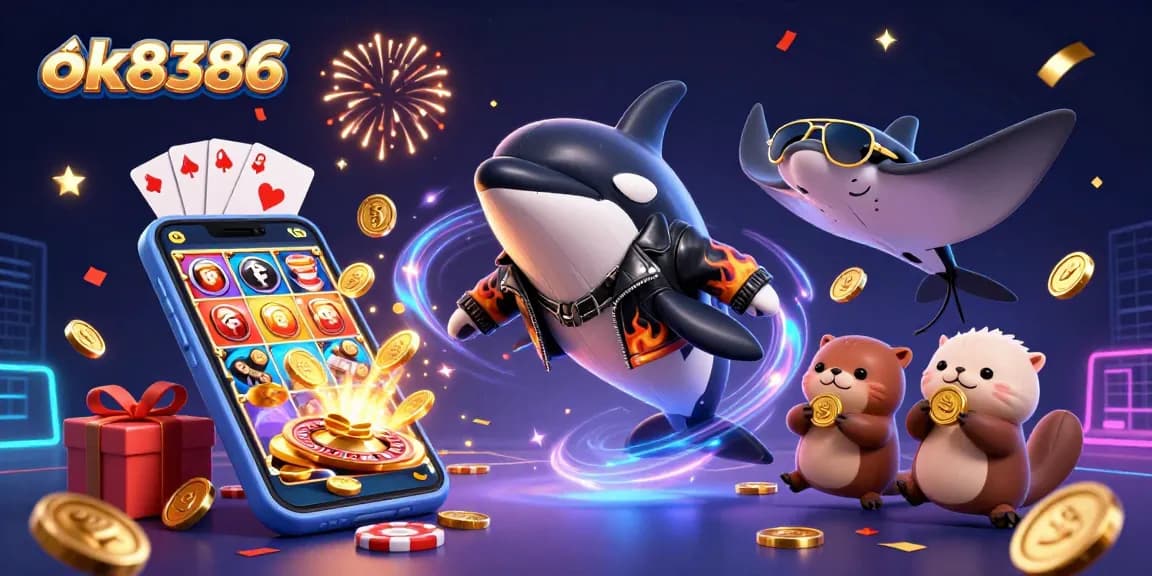 Join the excitement at ok8386 with a lively casino scene featuring a cartoon orca, stingray, and otters enjoying golden coins.