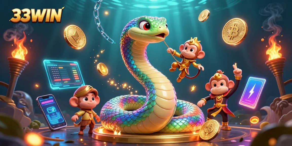 Bet big with 33WIN as a shimmering rainbow serpent spirals around a golden pillar.