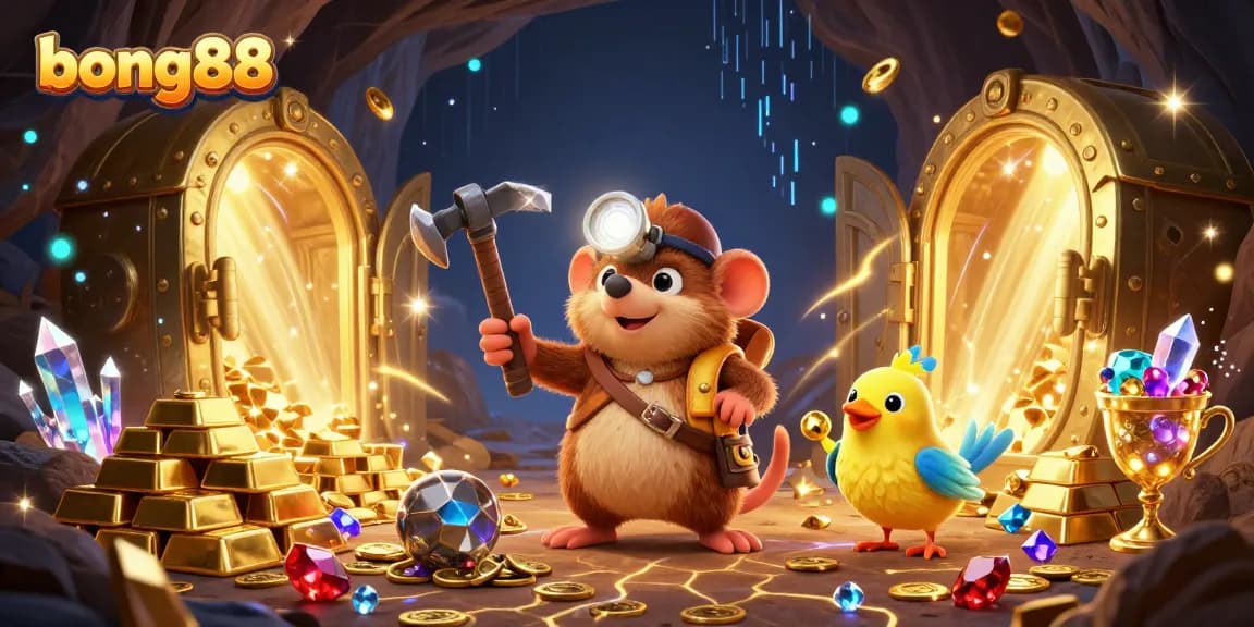 Experience the excitement at Bong88 with a vibrant digital mining scene illustrating treasures and gems.