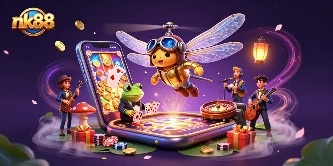Experience thrilling gaming at nk88 with a vibrant 3D casino scene featuring engaging characters.