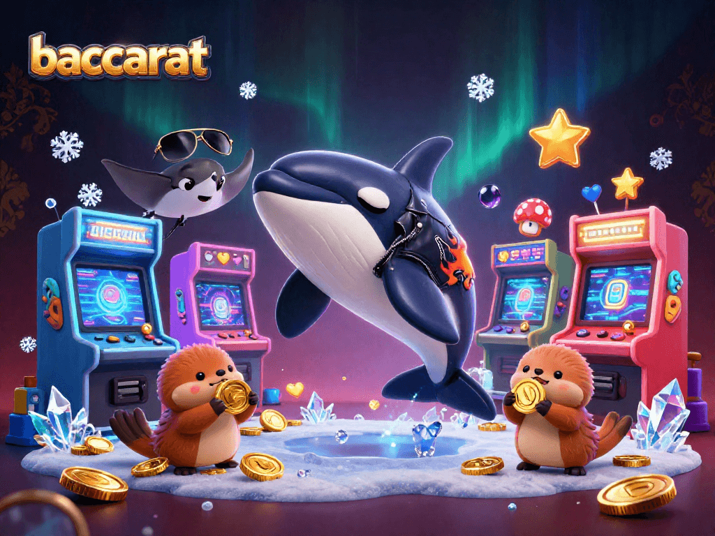 Baccarat gaming scene with an orca, stingray, and sea otters surrounded by coins and arcade elements.