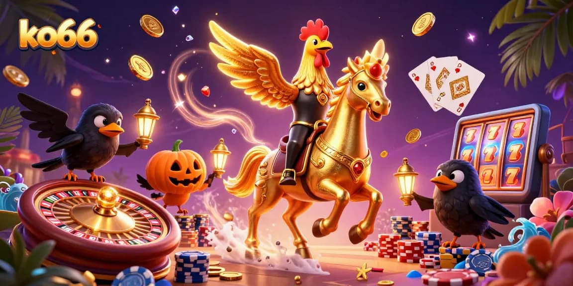 Experience the vibrant excitement of ko66 at an illustrated casino filled with golden riches and animated characters.