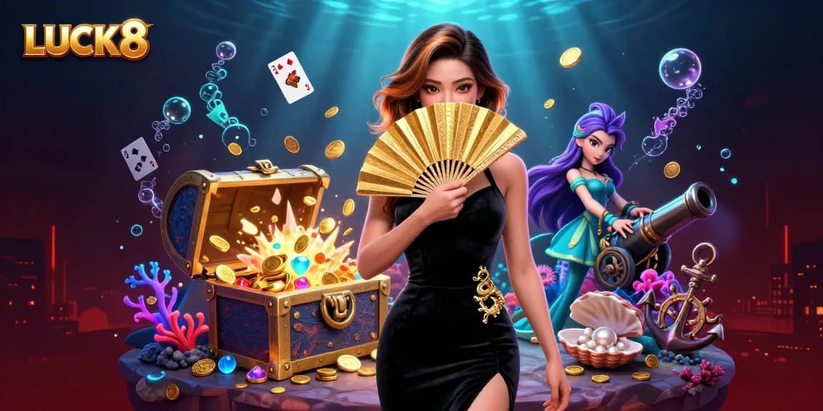 Experience the thrill of LUCK8 with captivating casino imagery, floating cards, and vibrant treasures.