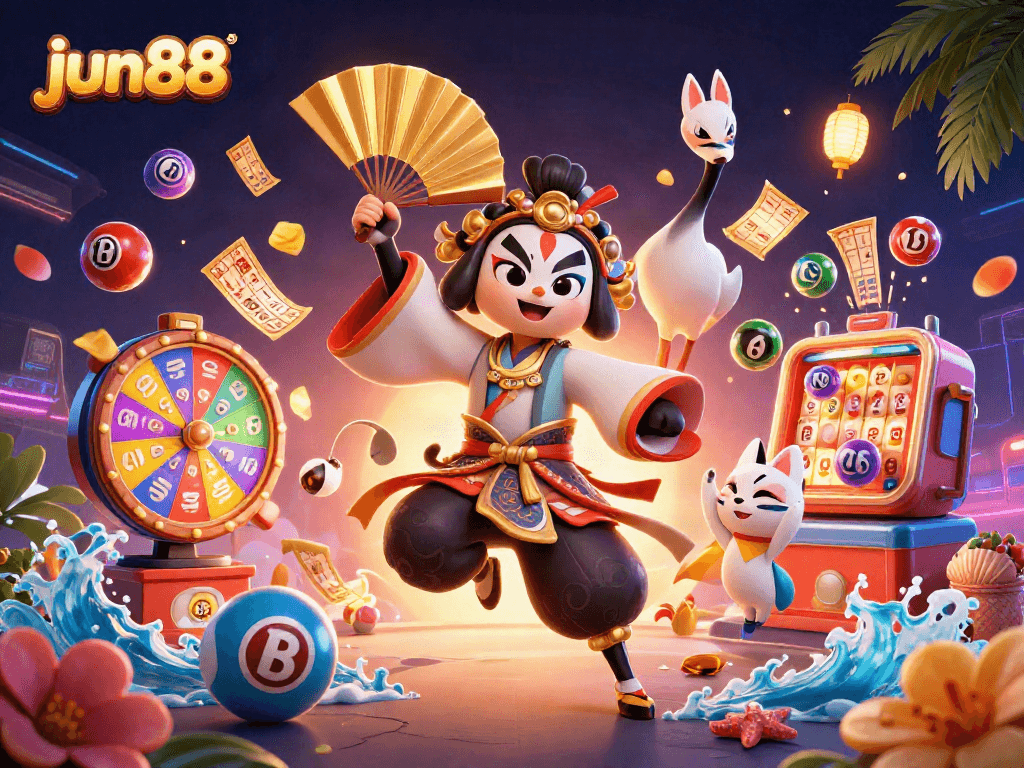 Experience the excitement of jun88 as the kabuki warrior and kitsune mask bring lottery fun to life.