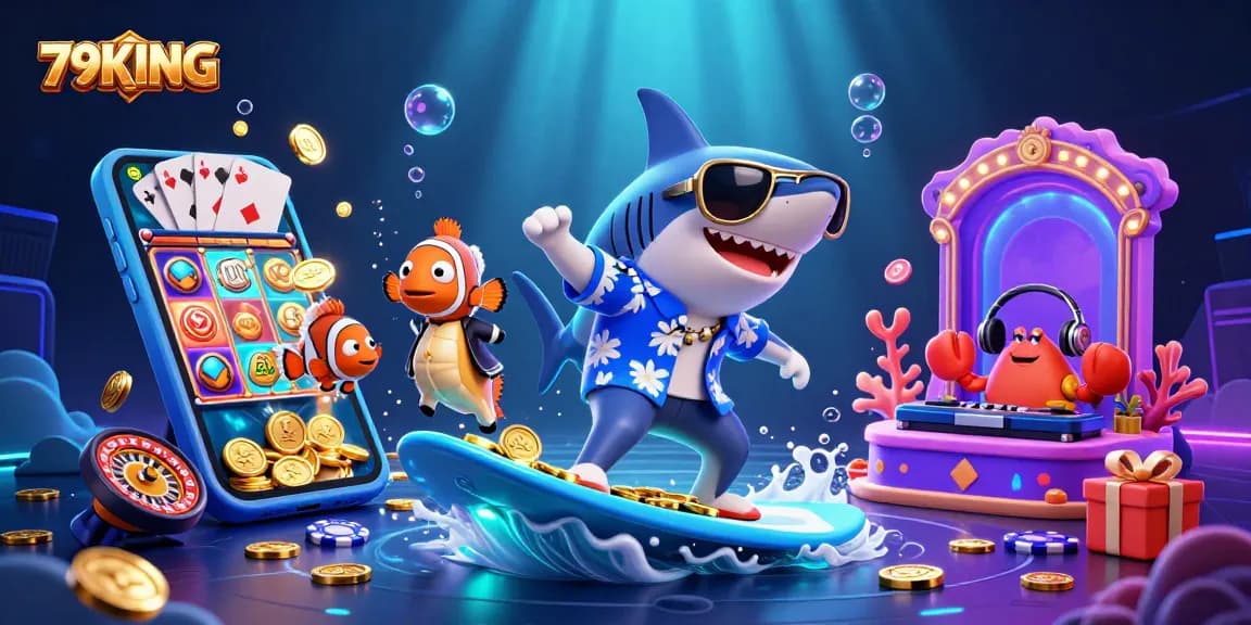 Experience thrilling wins with 79KING’s vibrant underwater casino adventure illustration.