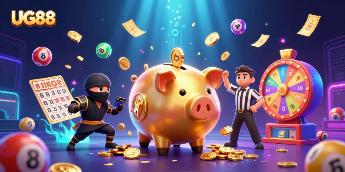 Engage with UG88’s thrilling gambling action featuring a piggy bank sumo, a wallet-ninja, and vibrant lottery elements.