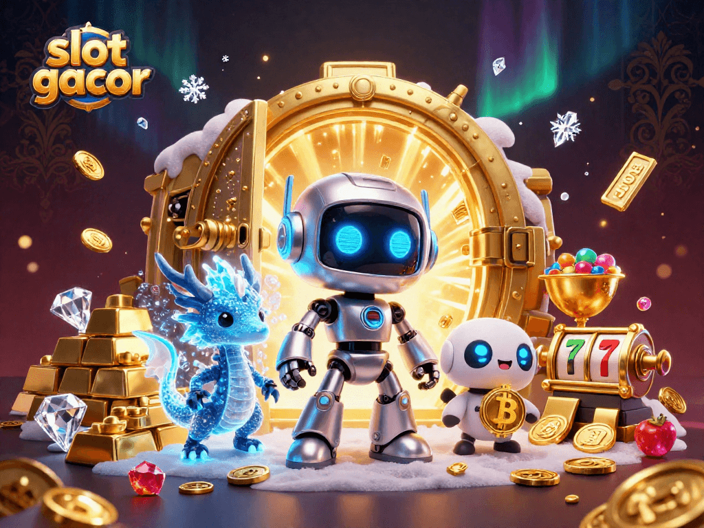 Engage with slot gacor opportunities amidst vibrant casino elements in a dynamic scene.
