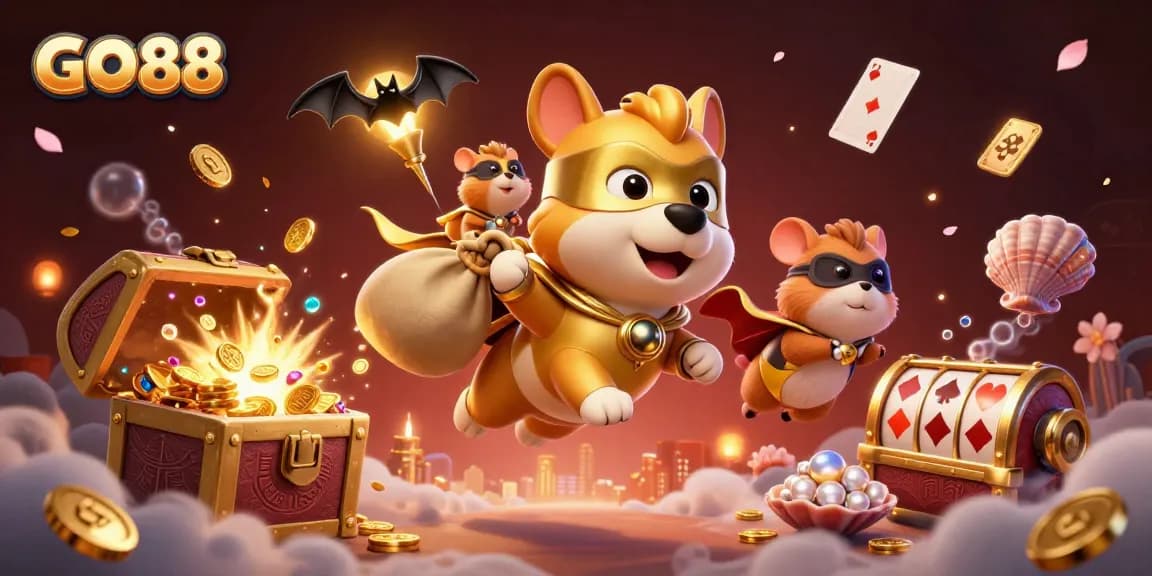 GO88 casino superhero dog illustrates fun and excitement in a vibrant gaming universe.