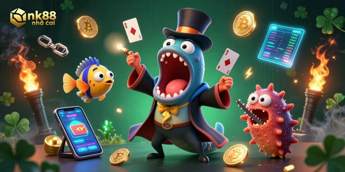Engage in thrilling gameplay at nk88 nhà cái, witnessing a magical scene with 3D characters and crypto elements.