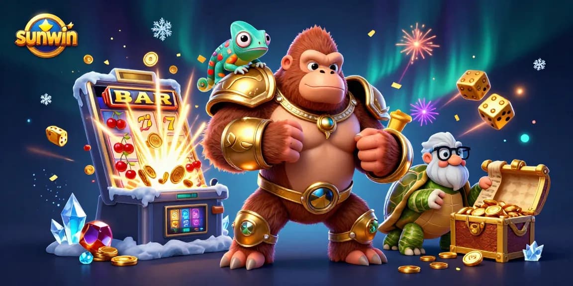 Experience sunwin thrills with vibrant characters and dynamic gambling elements in this stunning 3D illustration.