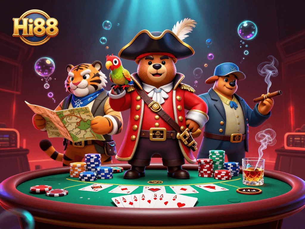 Engage in thrilling poker adventures at Hi88 with a pirate captain bear, fierce tiger, and golden parrot.