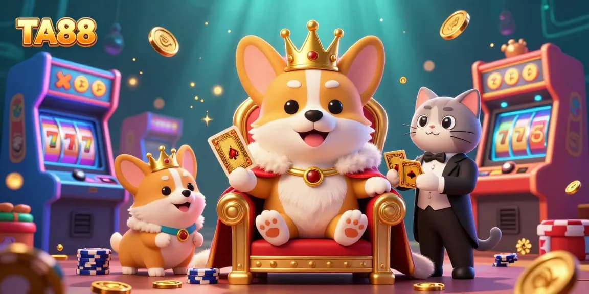 Experience the dynamic world of TA88, featuring a royal corgi on a poker chip throne surrounded by vibrant slot machine elements.