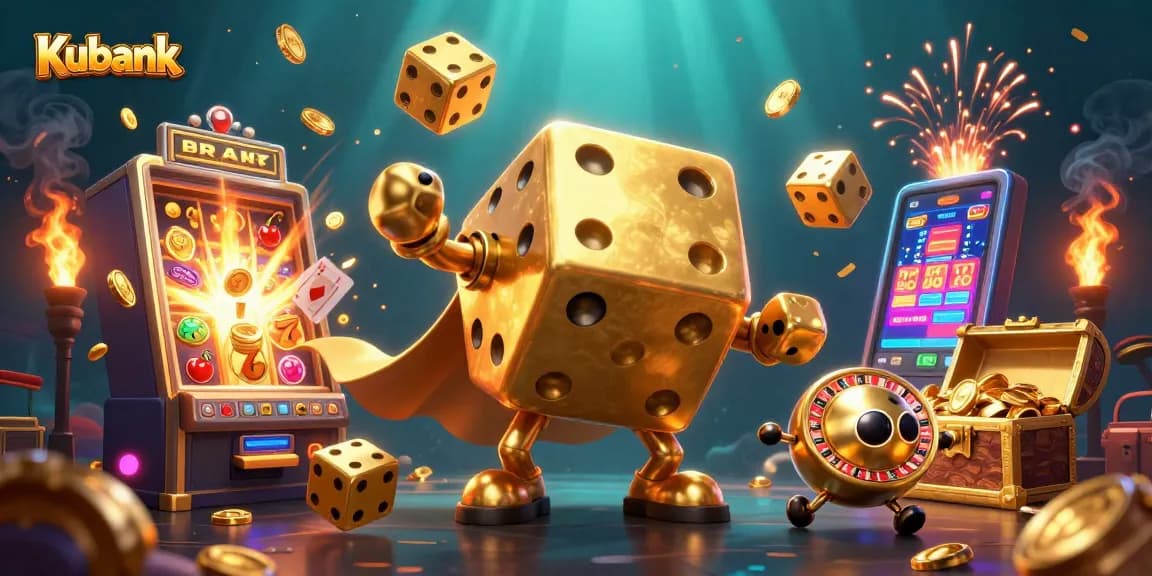 Kubank showcases a vibrant 3D casino world, featuring a golden dice golem juggling dice amid coins and a jackpot explosion.