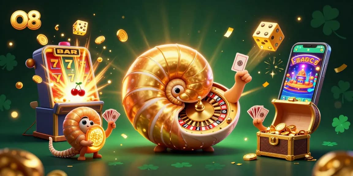 Play exciting games like slots at O8 with a vibrant 3D casino scene featuring a giant nautilus and golden jackpot