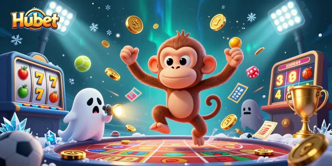 Engage with Hubet's exciting casino scene featuring playful elements like a poltergeist monkey and ghost-hunter puppy.