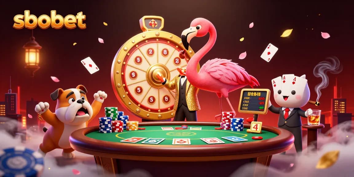 Sbobet sports betting fun illustrated with a cartoon host, bulldog contestant, and poker chips.