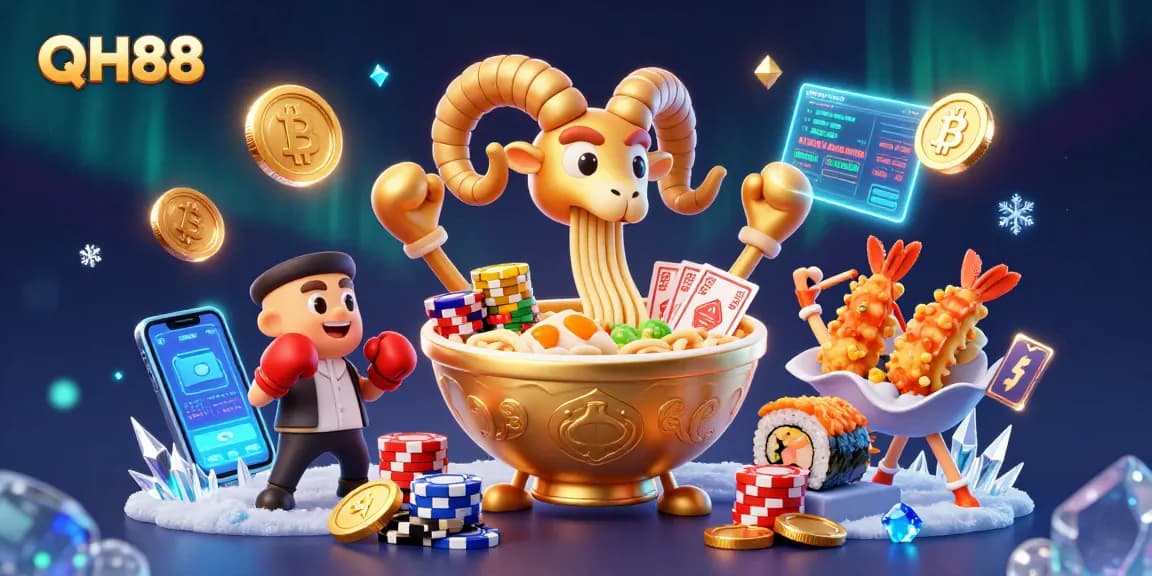 Experience QH88's vibrant casino action with 3D characters, glowing crypto elements, and festive gaming energy.