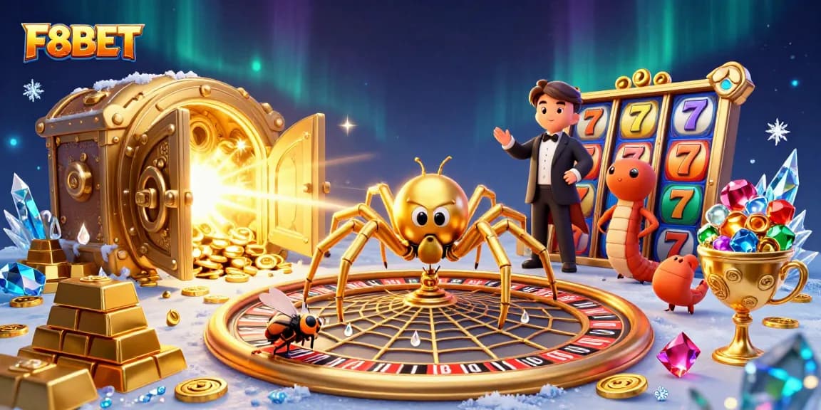 Experience thrilling gameplay at F8BET with a golden roulette web, vibrant characters, and casino treasures.