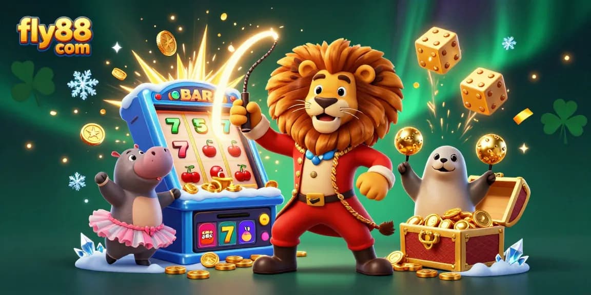 Win big with fly88 com in a vibrant casino scene featuring animated characters and jackpot elements.