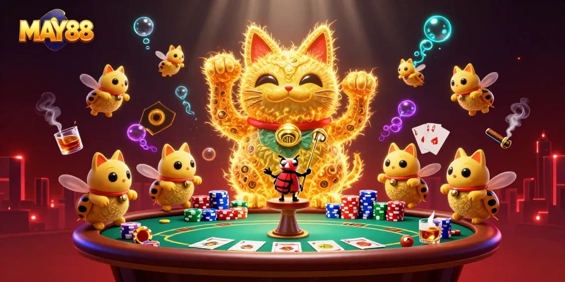 MAY88 showcases a vibrant 3D lucky cat surrounded by poker symbols, enriching your gaming experience.