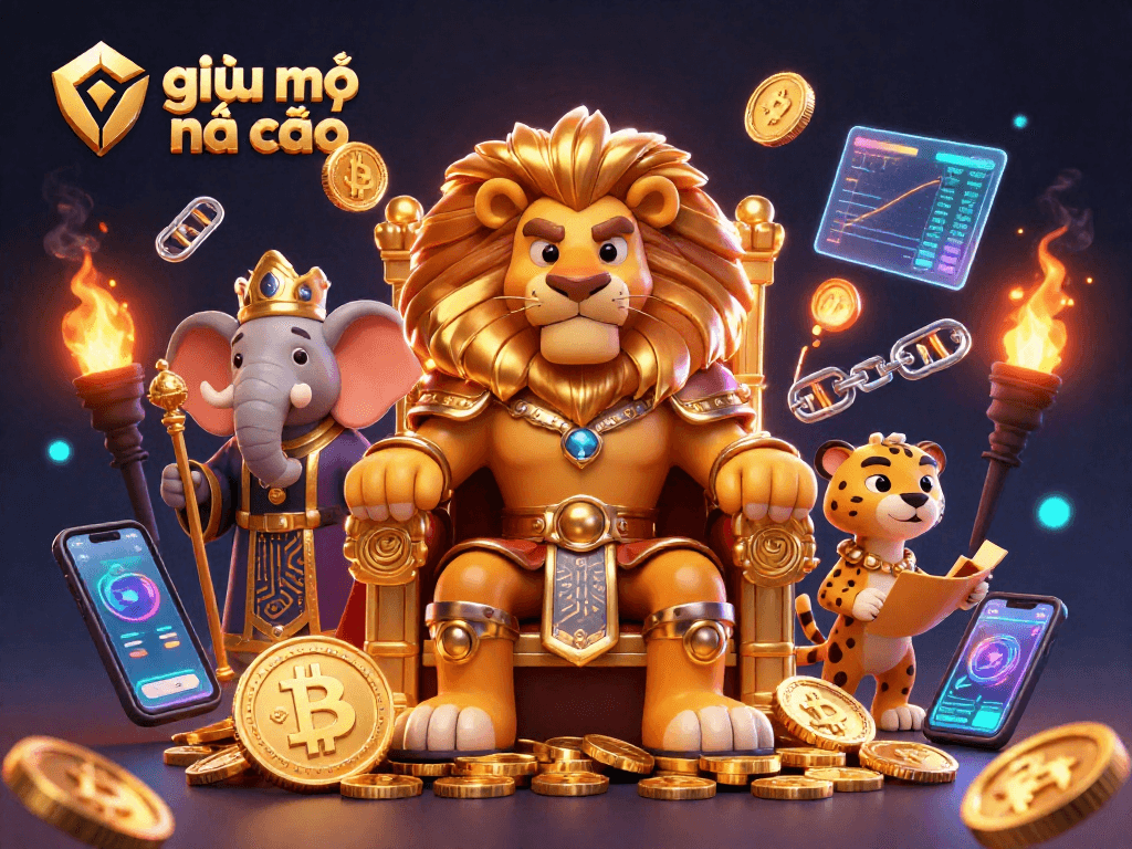 Enhance your gaming experience with giải mã nhà cái: a vibrant scene bringing together a lion king, elephant advisor, and cheetah messenger.