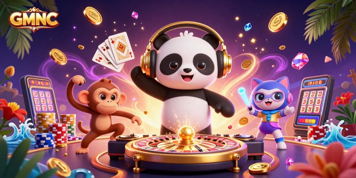 Engage with GMNC's thrilling casino experience featuring vibrant 3D cartoon characters in a lively gambling scene.