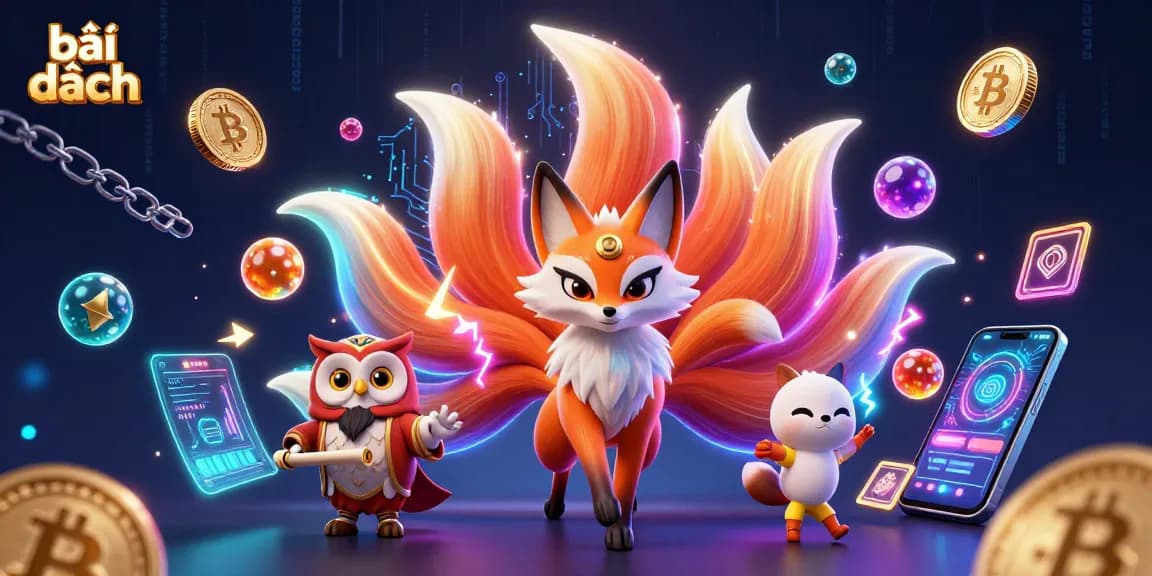 Experience the excitement of bài xì dách with a vibrant scene featuring mystical characters and glowing cryptocurrency