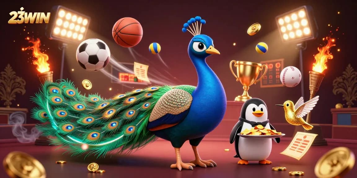 Engage with 23WIN's lavish casino adventure featuring a peacock and sports elements.