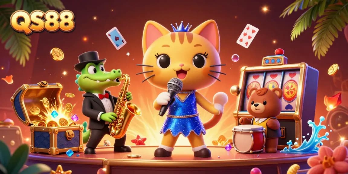 Celebrate winnings at QS88 with vibrant cartoon characters in an exciting casino scene.