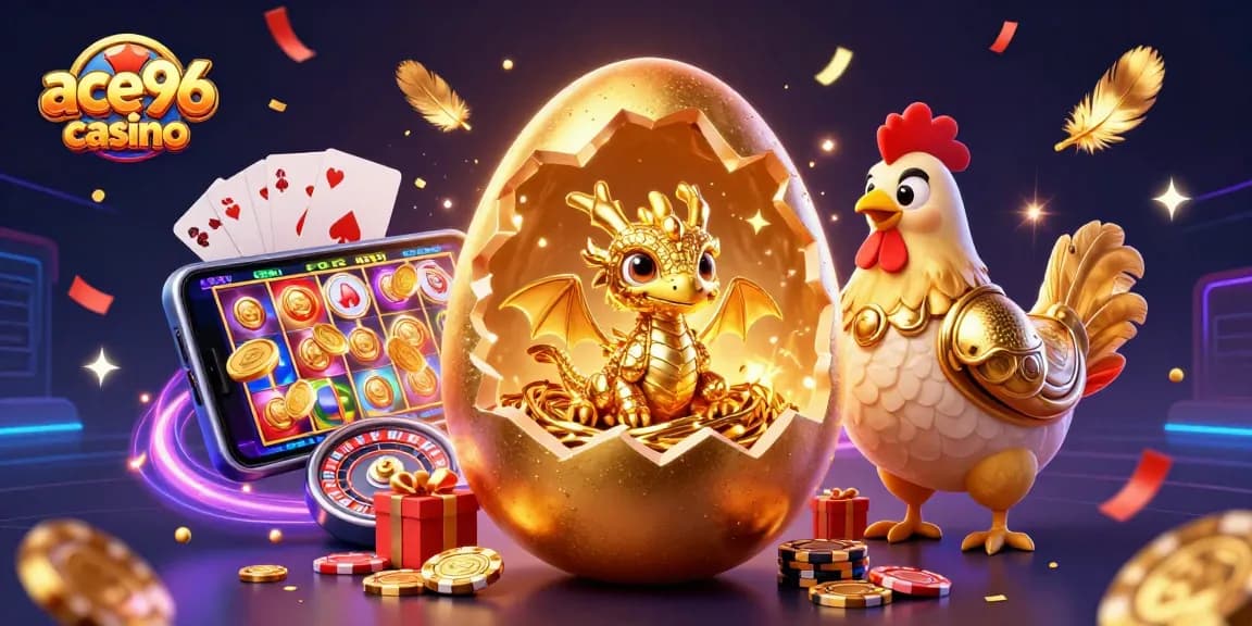 Experience the excitement of ace96 casino with a golden dragon surrounded by playful gambling elements.