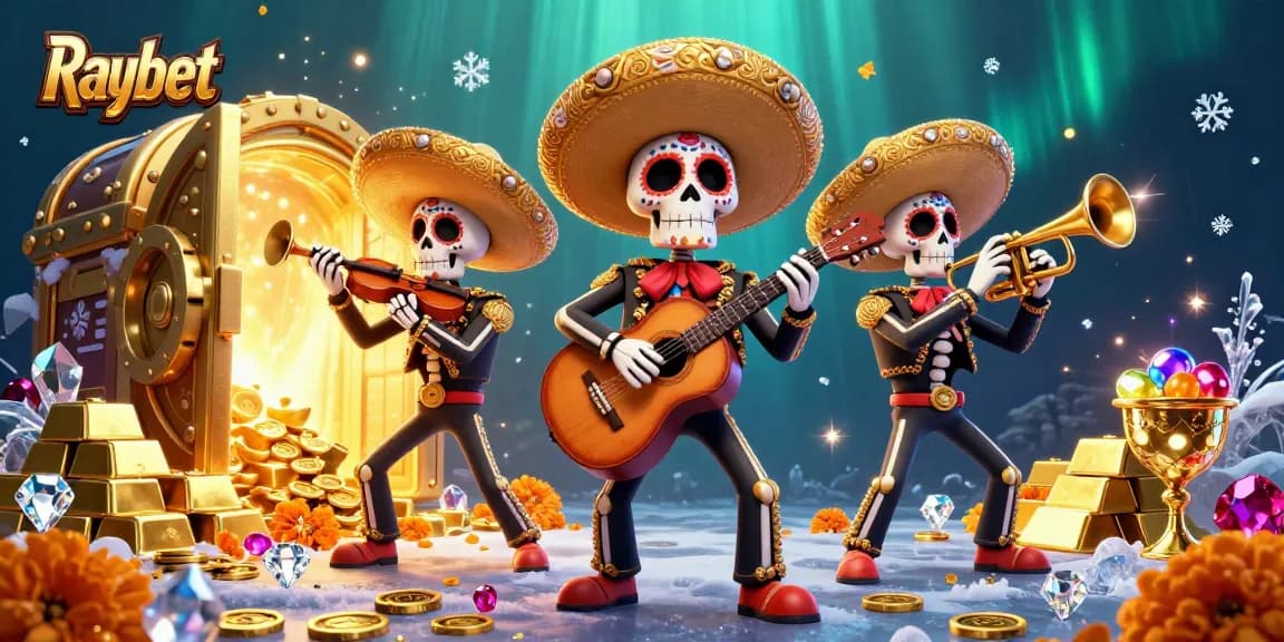 Experience the excitement at Raybet Casino with a vibrant 3D illustration showcasing a musical mariachi band amidst treasure and jackpot excitement.
