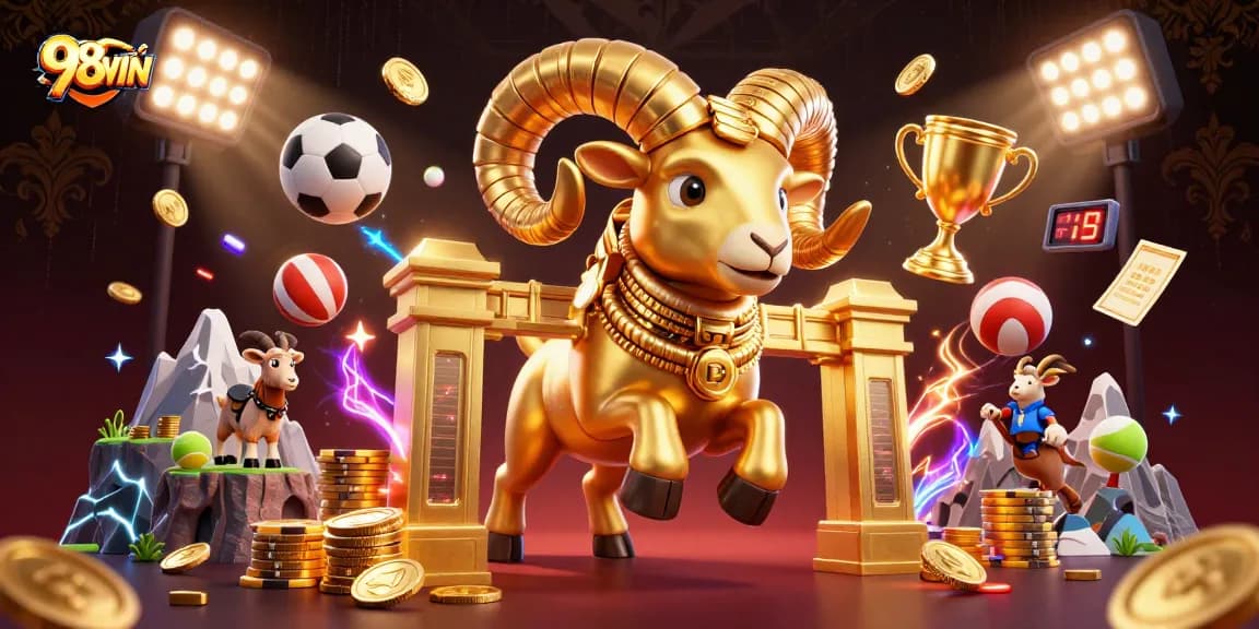 Engage in vibrant gameplay with 98WIN's golden ram charging through a casino atmosphere filled with sports elements.