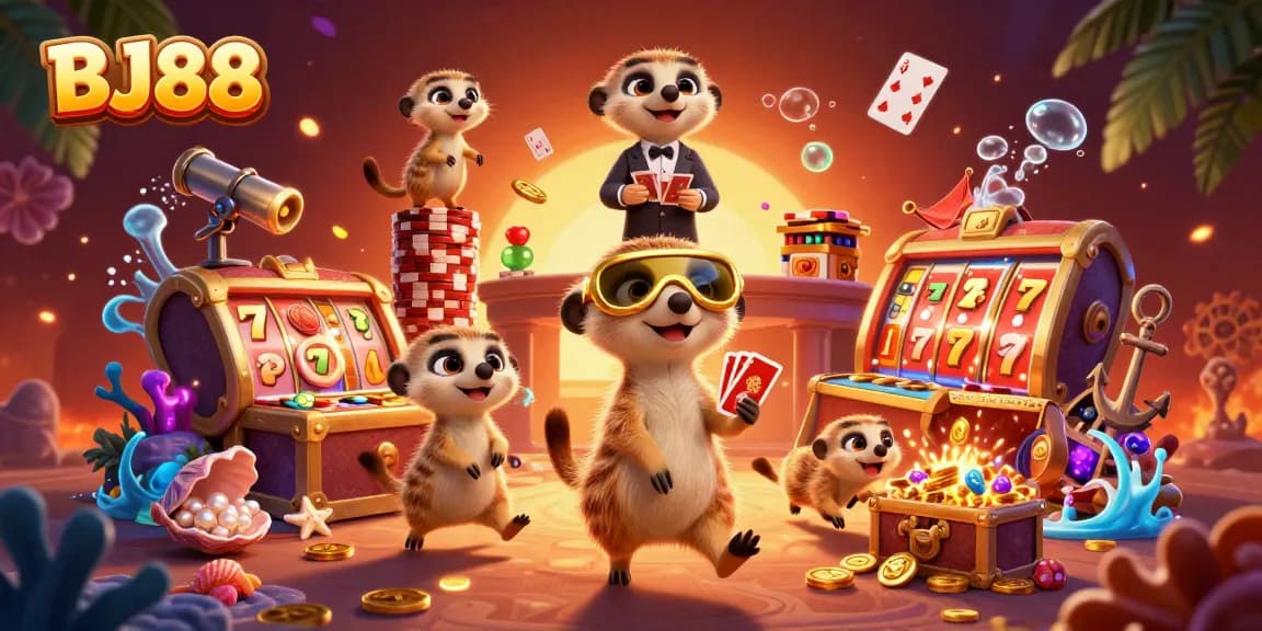 Experience vibrant gameplay at BJ88 with meerkats managing a bustling casino environment full of action.