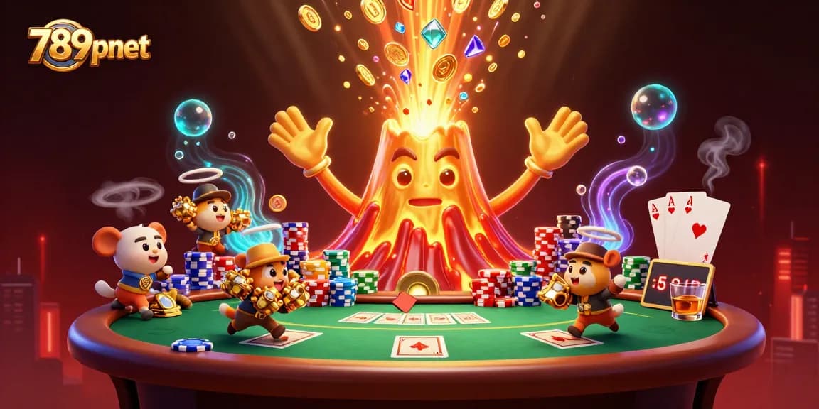 Win big at 789pnet with triumphant golden volcano and treasure-filled poker scene.