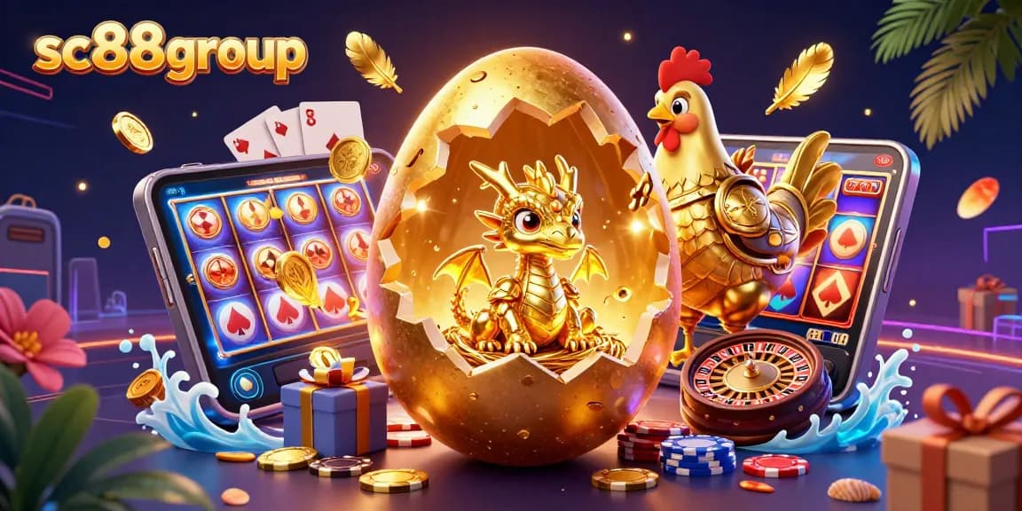 Engage with the action of sc88group's gaming world, featuring a golden baby dragon among vibrant casino elements.
