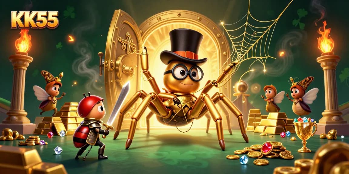 Engage in epic gameplay at KK55 with a brave beetle knight facing a golden tarantula in a lavish casino.