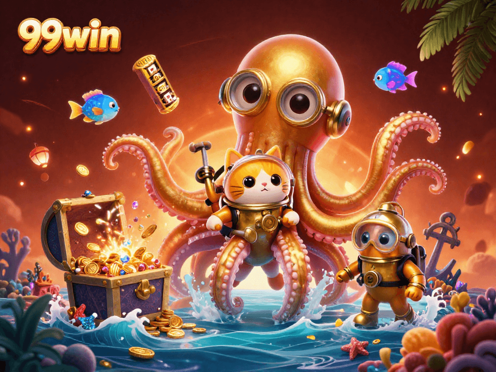 Engage in thrilling slots at 99win with a colorful scene featuring mythical characters and treasures.