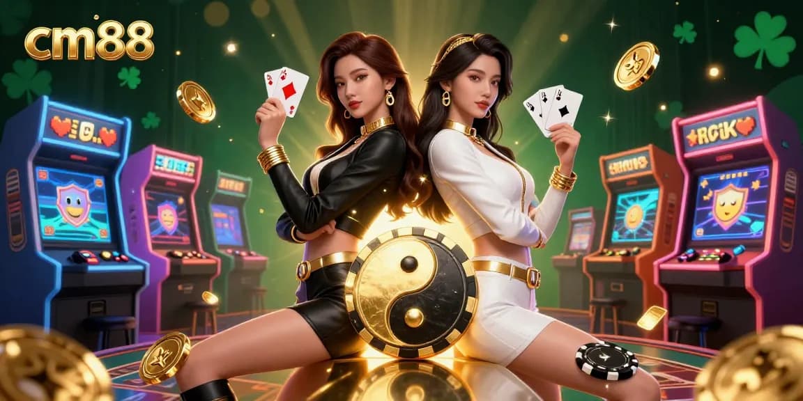 Experience cm88's thrilling gaming atmosphere with stunning twin Asian women in casino-themed 3D art.