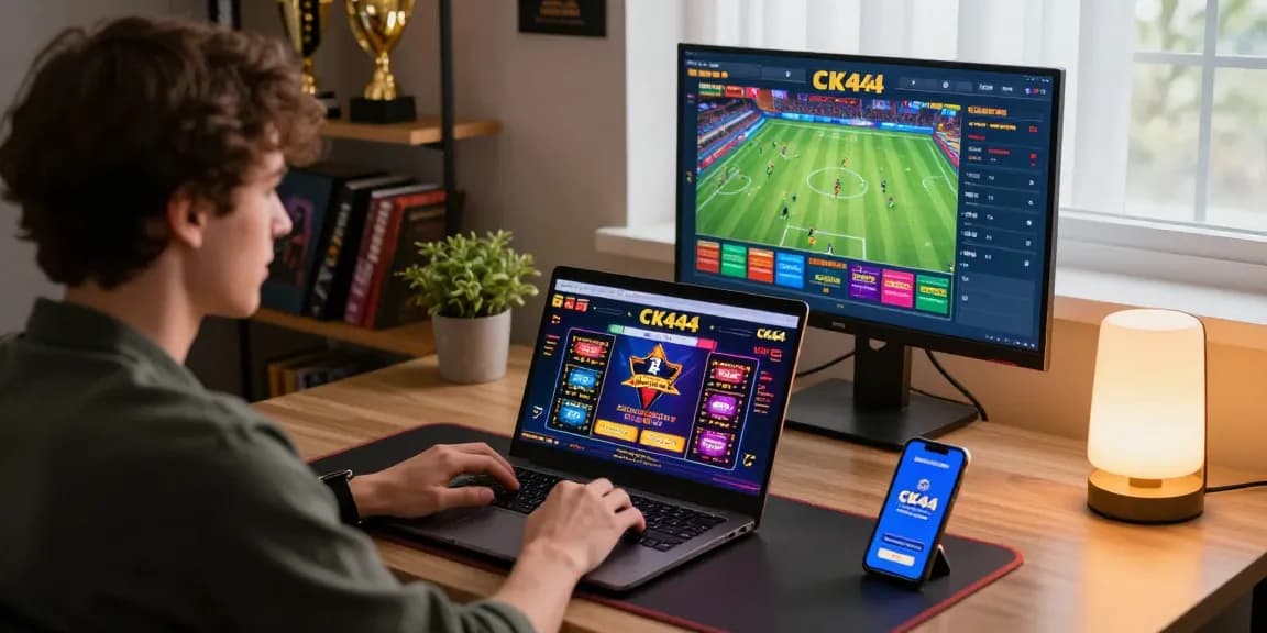 Player engaging with CK444 online casino on a laptop, showcasing vibrant gaming graphics and the mobile app.
