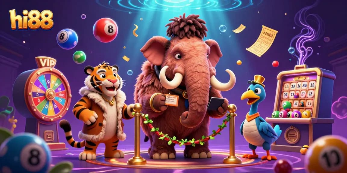 Join the hi88 excitement with a lively illustrated casino scene featuring a mammoth bouncer and vibrant games.