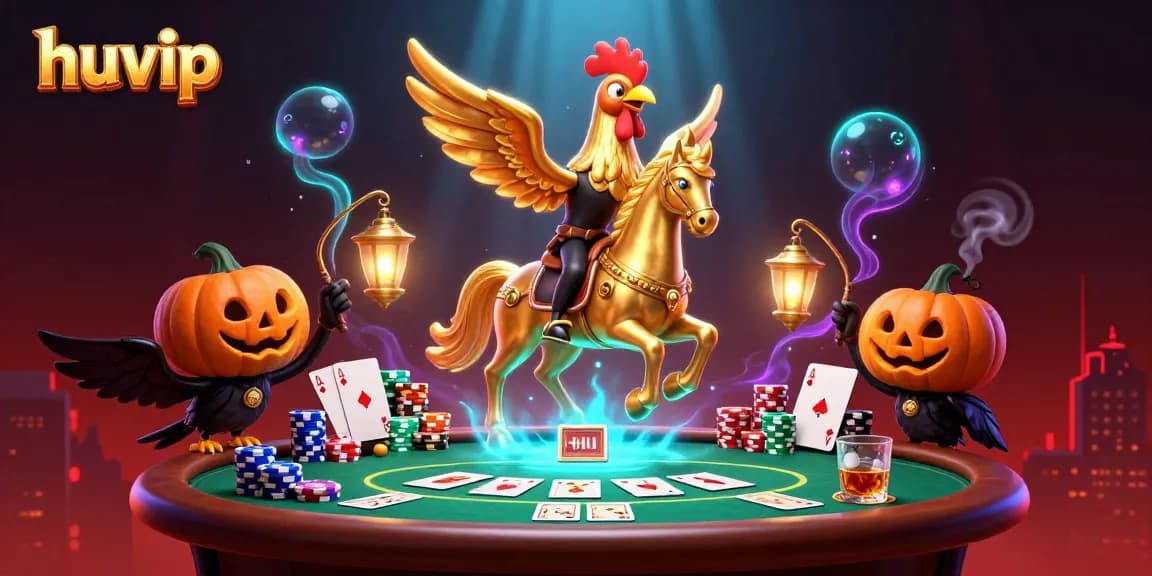Engage with huvip's thrilling gaming experience amid golden roosters and a lavish casino atmosphere.