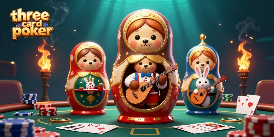 Engage in three card poker action with colorful character scene and chips in play.