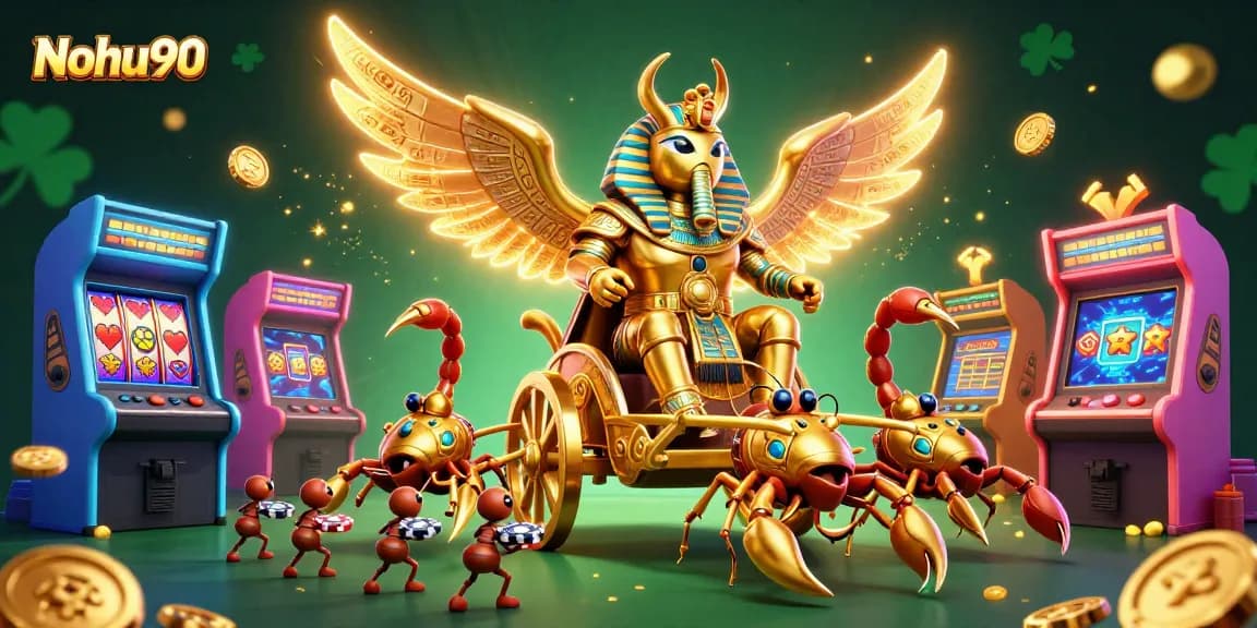 Nohu90 offers vibrant gameplay with a 3D casino scene featuring a golden scarab and scorpions amidst dynamic gaming elements.