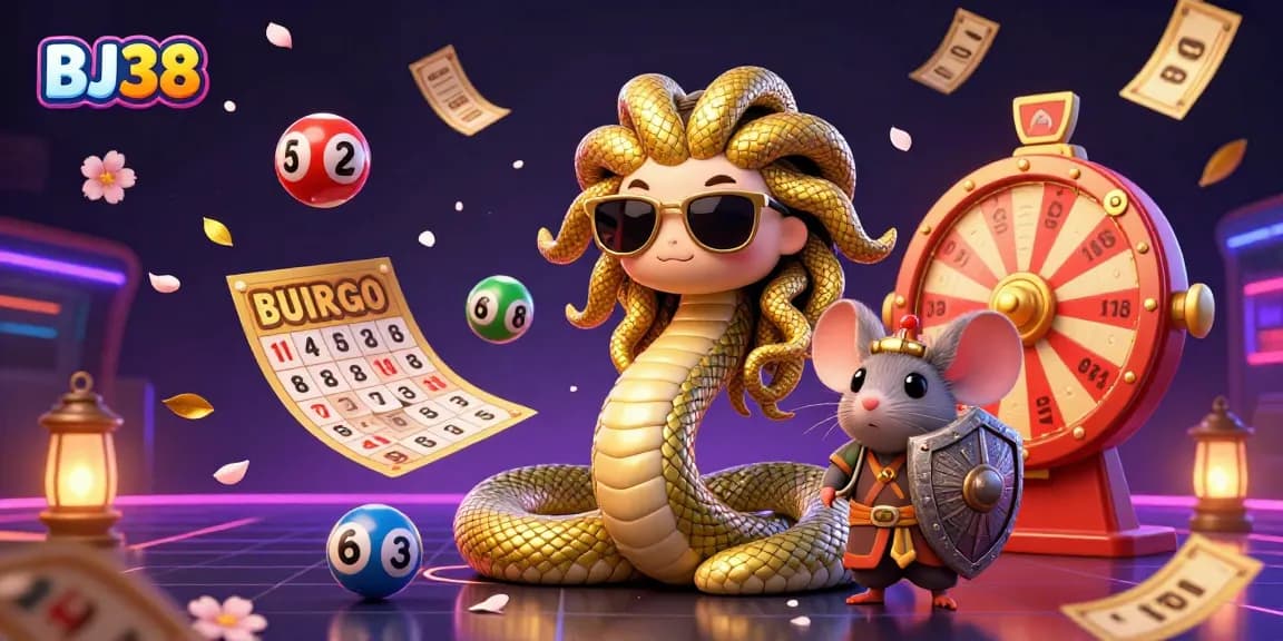 Experience the excitement of BJ38 with a lively casino scene featuring cartoon characters and dynamic gaming elements.